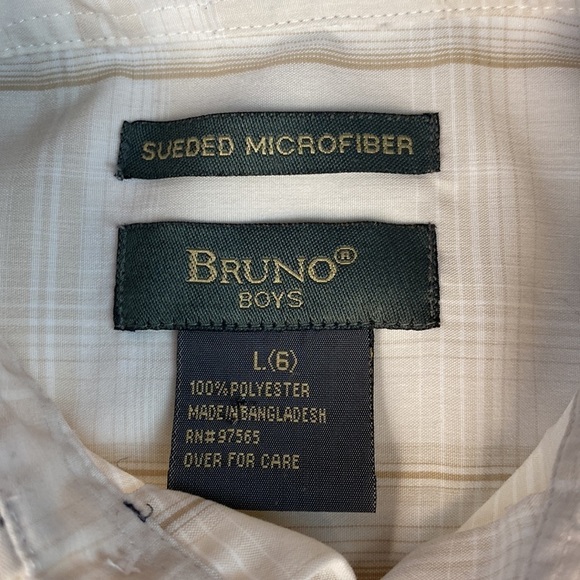 Bruno Boys Cream & Tan Sueded Microfiber Poly Button Down Shirt- Size 6 - Picture 6 of 11